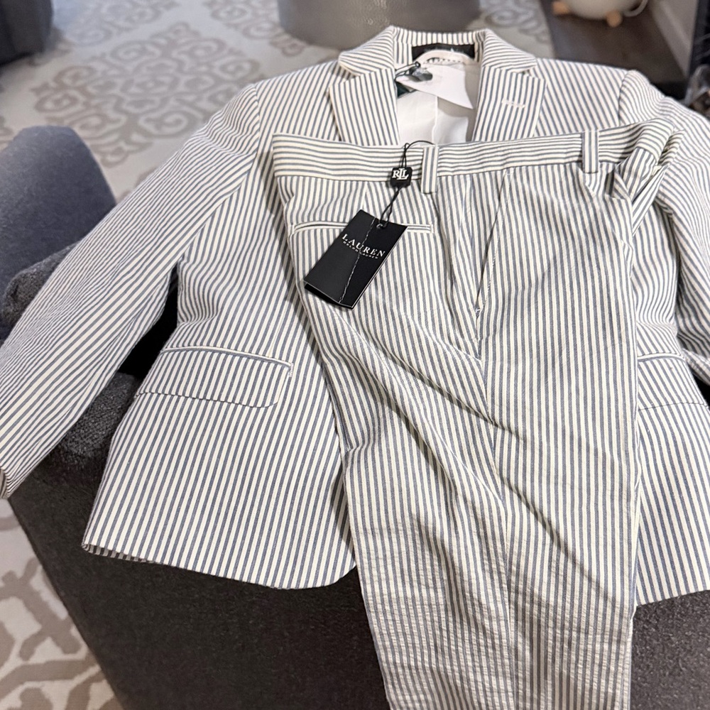 Ralph Lauren Striped Two-Piece Blazer and Pants Set - muted blue stripes.